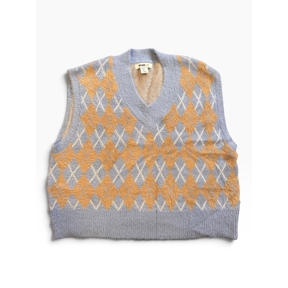 William Rast Fuzzy Argyle Sweater Vest L Blue Tan Grandpa Core Preppy Y2K